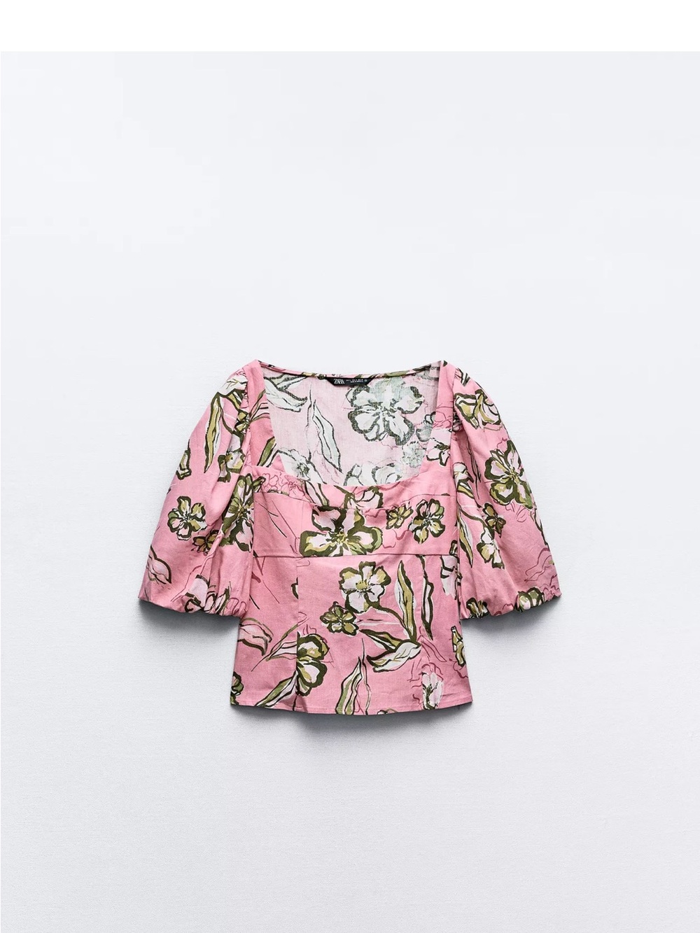 Zara Pink Floral Puff-Sleeve Square Neck Top